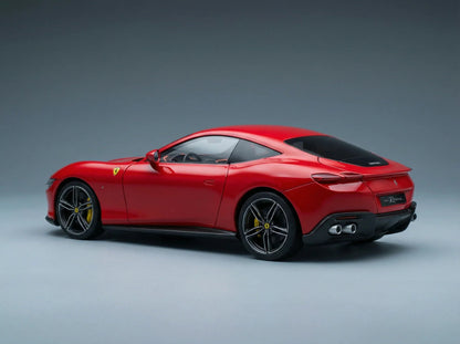 Red Ferrari Roma scale model car by Vroomi, showcasing sleek design and detailed finish