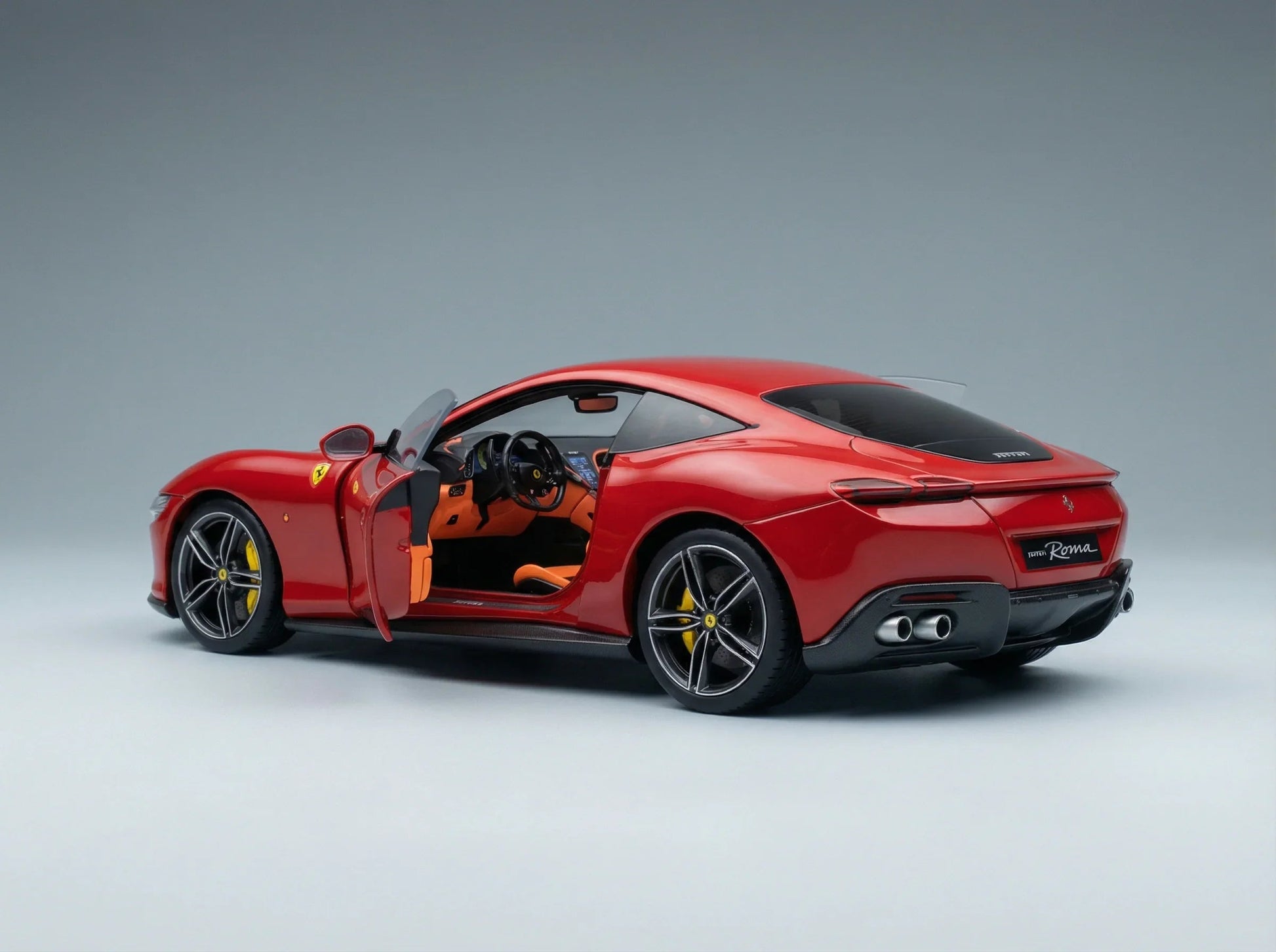 Red Ferrari Roma scale model car with open door, showcasing interior — Vroomi