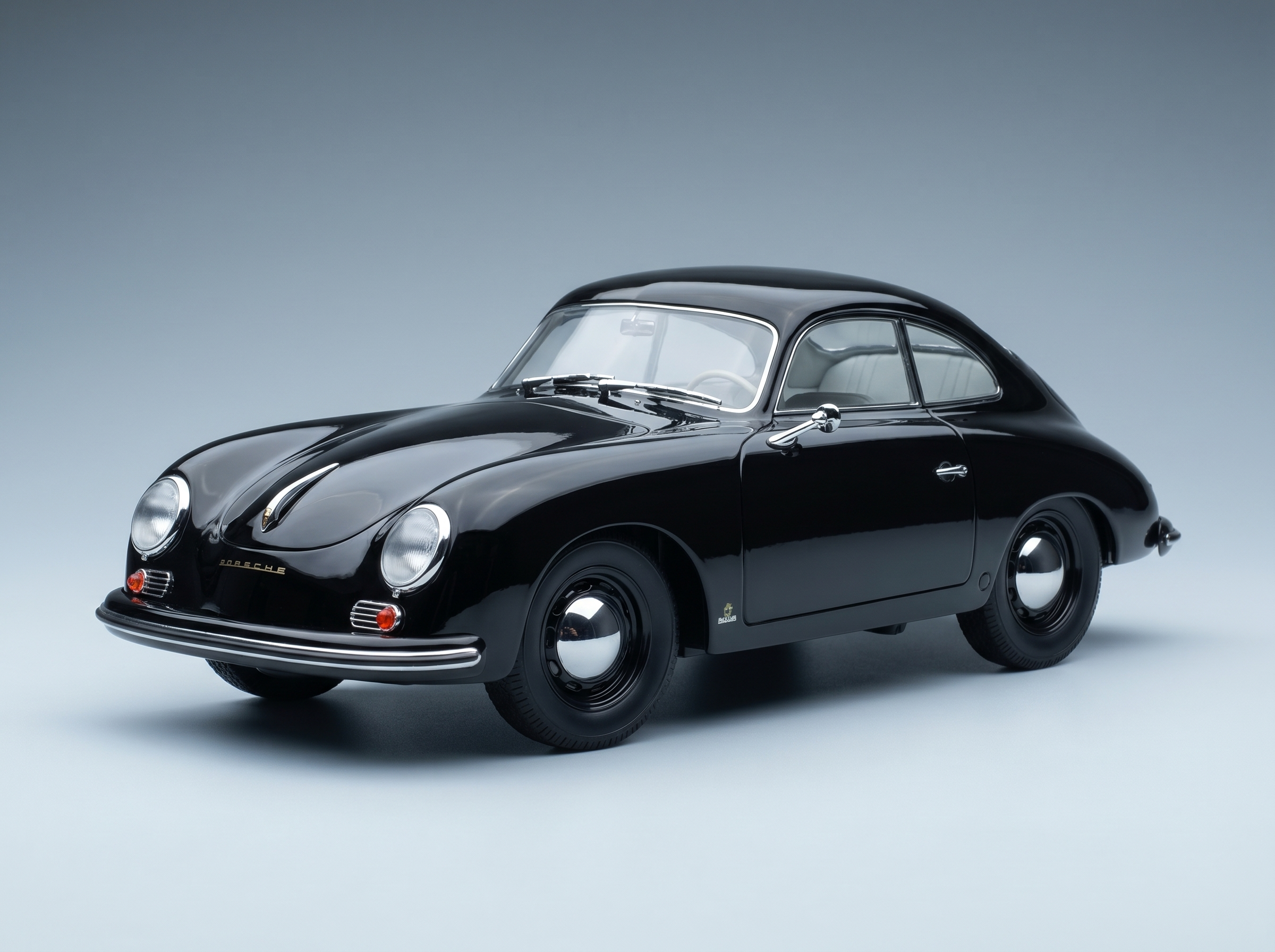 Black Porsche 356 scale model car with chrome details, showcased for Vroomi collectors