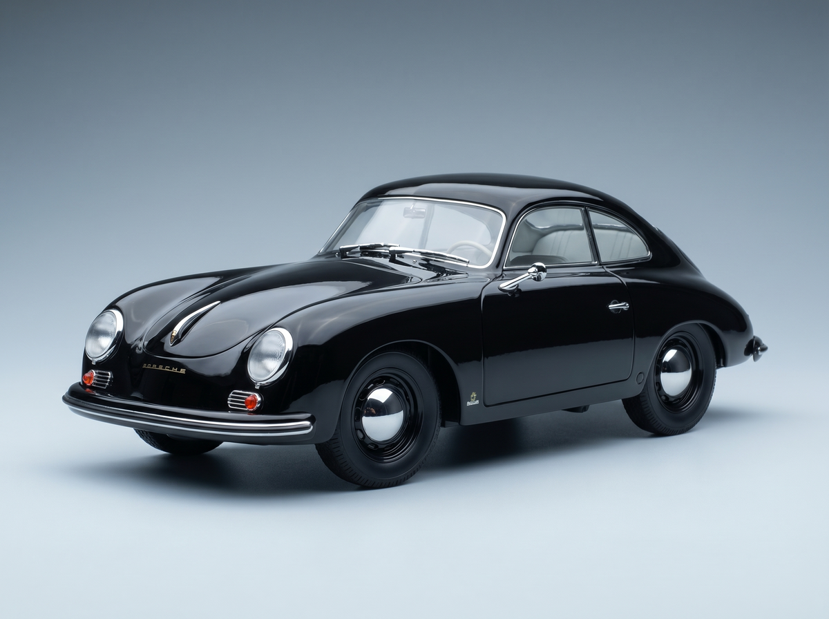 Black Porsche 356 scale model car with chrome details, showcased for Vroomi collectors