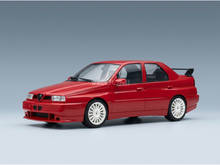 Red Alfa Romeo 155 V6 Ti scale model car with white wheels and rear spoiler, showcased at Vroomi