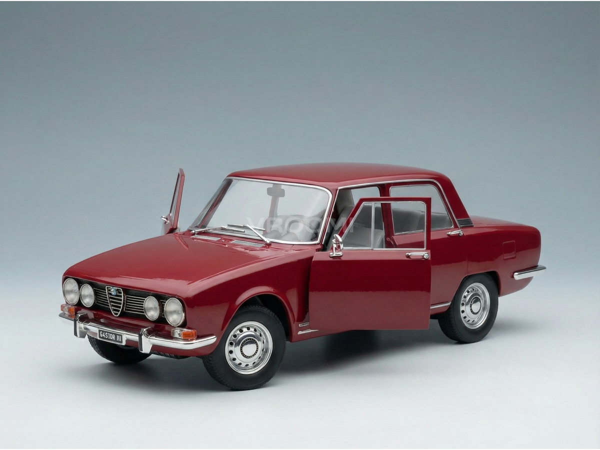 Red Alfa Romeo scale model car with open doors, showcased by Vroomi for collectors