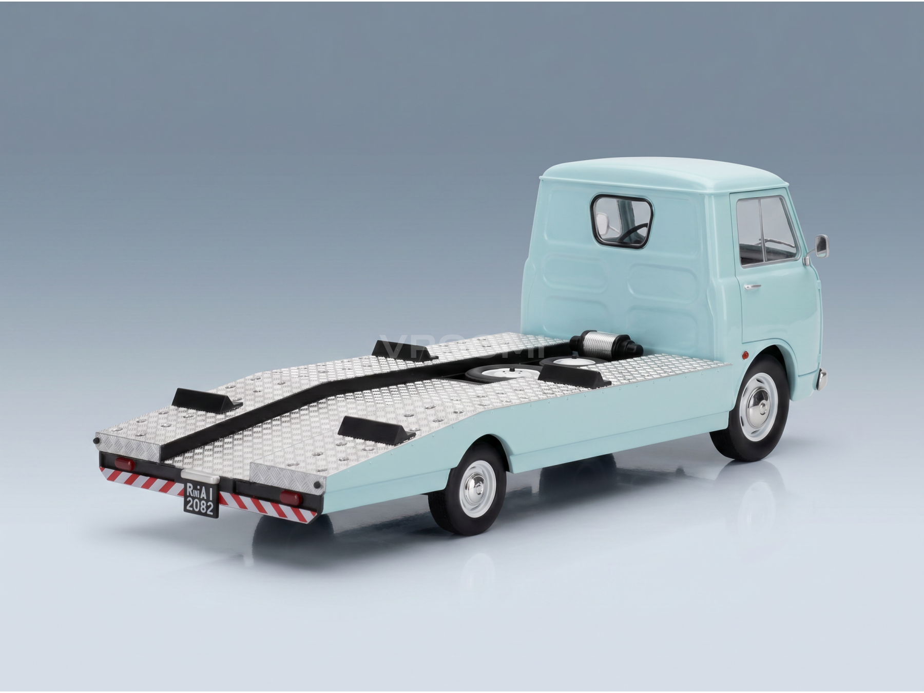 Maqueta de coche en color azul claro, de una grúa con plataforma, con acabado detallado de fundición a presión, de la colección Vroomi