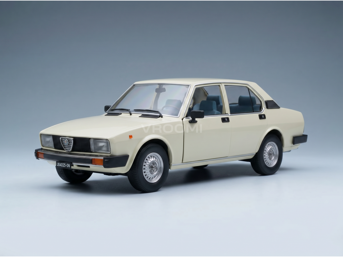 Voiture miniature Alfa Romeo couleur crème avec intérieur détaillé, présentée pour les collectionneurs Vroomi.