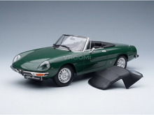 Green Alfa Romeo Spider scale model car with removable hardtop, showcased by Vroomi for collectors.