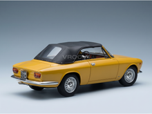Yellow convertible scale model car with black soft top, detailed interior, from Vroomi