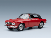 Red Alfa Romeo convertible scale model car with black soft top, showcased by Vroomi for collectors.