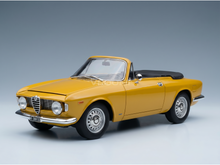 Yellow Alfa Romeo convertible scale model car from Vroomi, detailed die-cast replica with black soft top