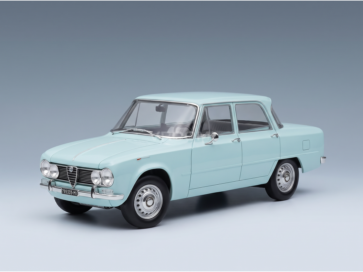 Voiture miniature Alfa Romeo Giulia 1600 Super bleu clair, réplique die-cast détaillée proposée par Vroomi.