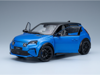 Blue Alpine A290 scale model car with black accents, showcased by Vroomi for collectors.