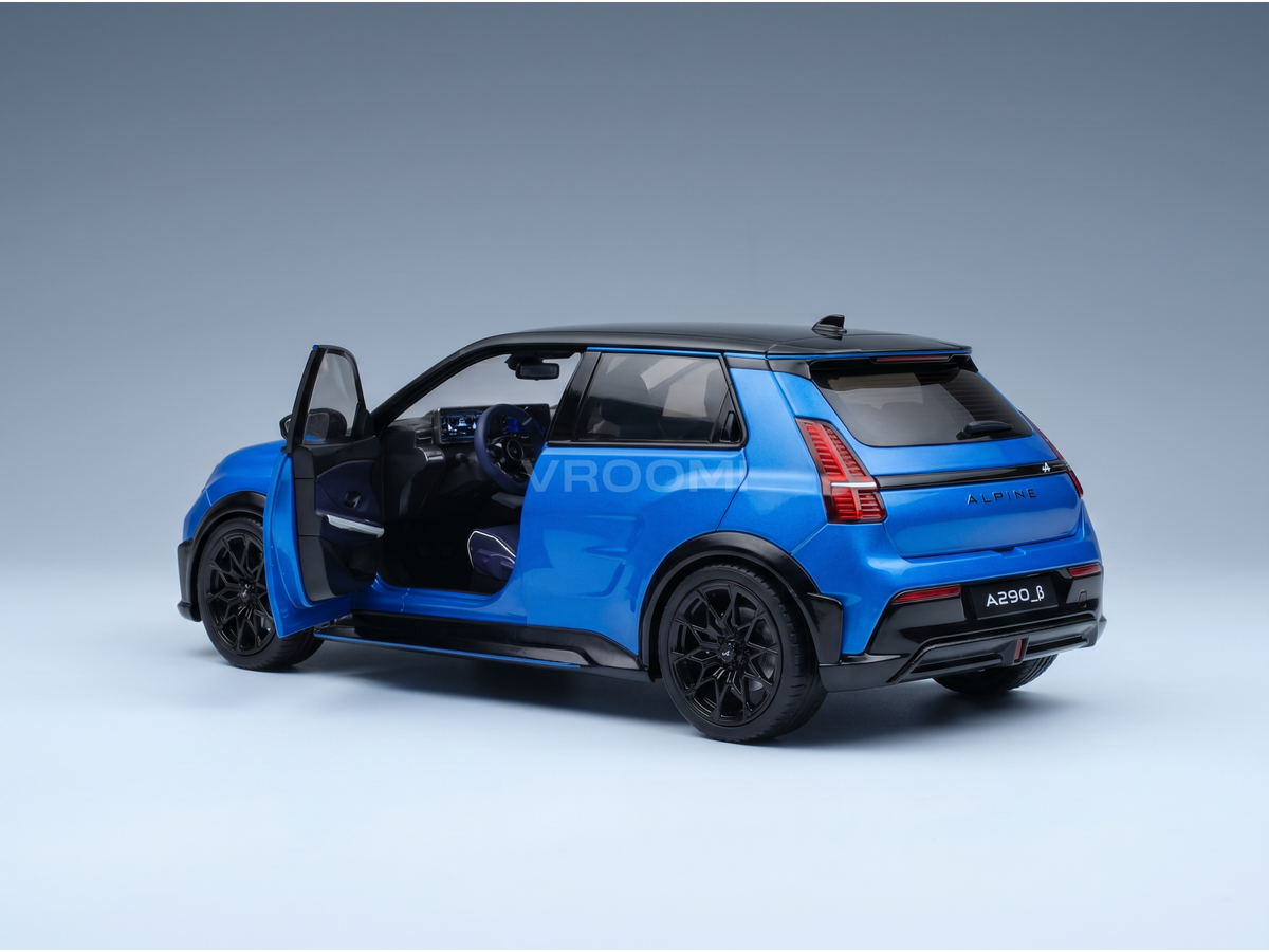 Blue Alpine A290_β scale model car with open door, showcased by Vroomi for collectors.