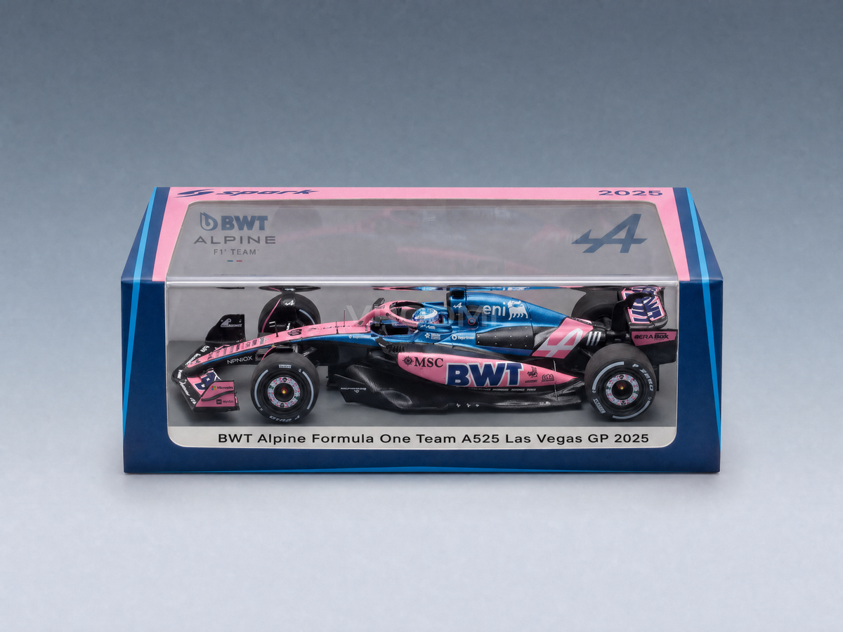 Voiture miniature à l'échelle de l'Alpine A525 BWT F1 Team rose et bleue, GP de Las Vegas 2025, dans son emballage d'origine