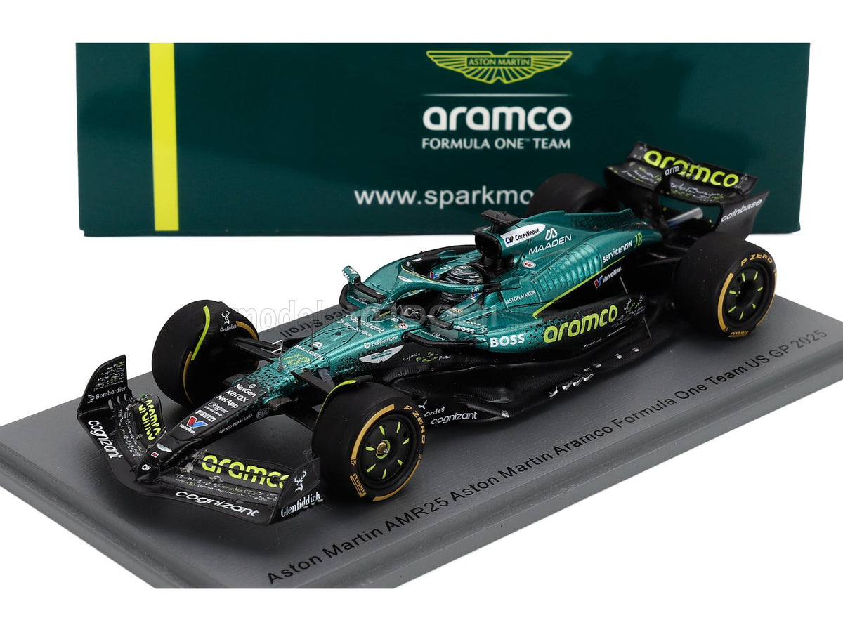Aston Martin AMR25 scale model car by Vroomi, Aramco F1 Team livery, detailed 1/18 replica with P Zero tires