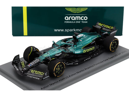 Aston Martin AMR25 scale model car by Vroomi, Aramco F1 Team livery, detailed 1/18 replica with P Zero tires