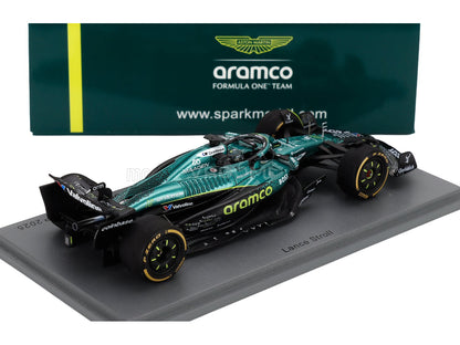 Aston Martin Aramco F1 scale model car by Vroomi, featuring Lance Stroll livery and P Zero tires on display stand.