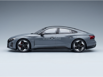 Gray Audi RS e-tron GT scale model car with black accents, showcased by Vroomi for collectors.