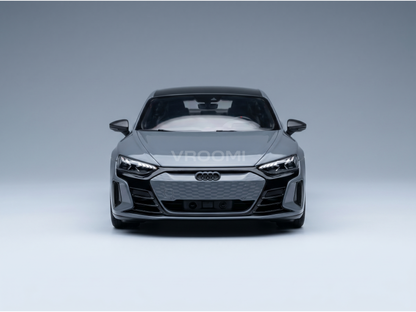 Front view of a gray Audi e-tron GT scale model car from Vroomi, showcasing sleek headlights and grille design.