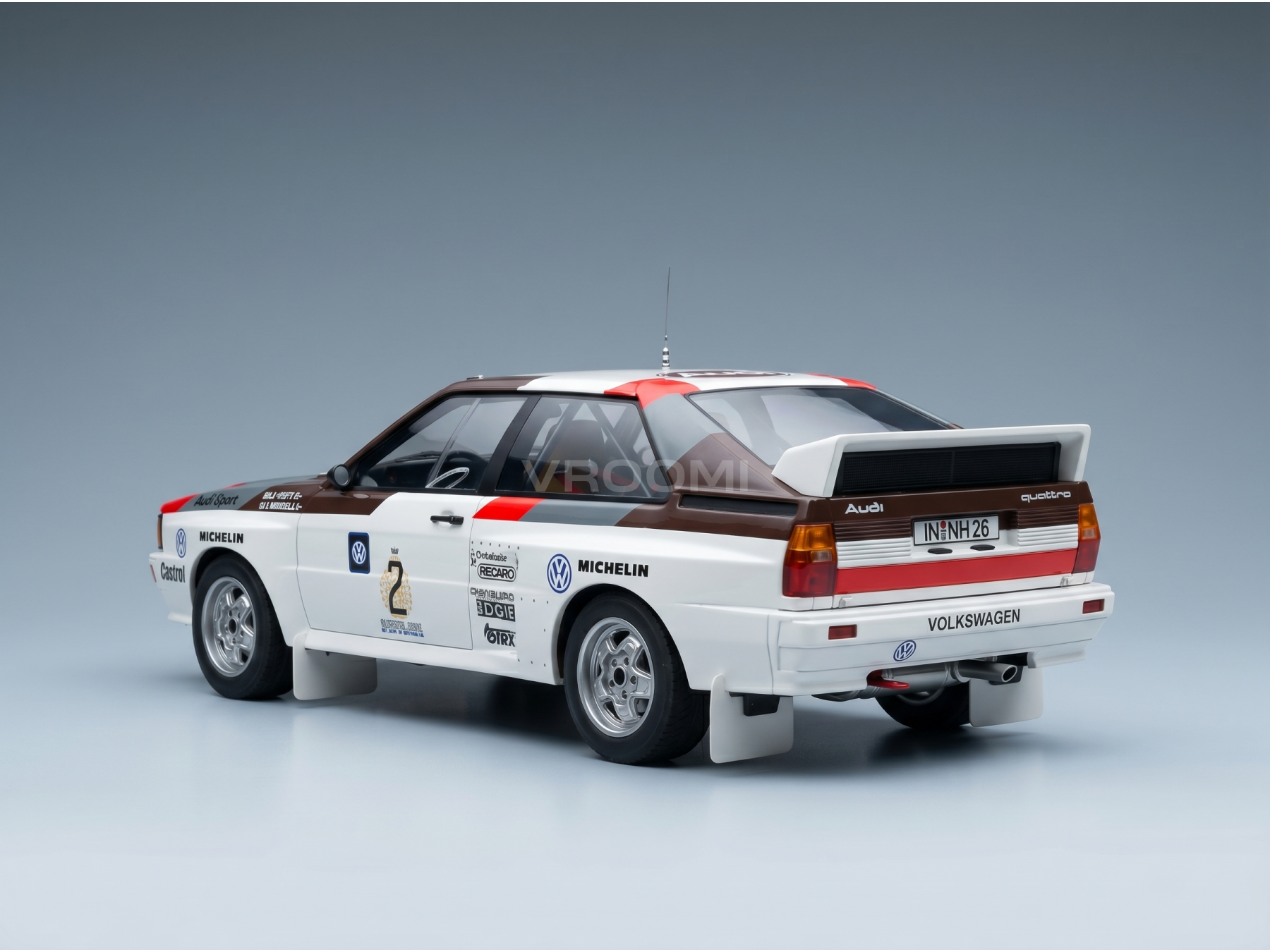 Audi Quattro scale model car with racing decals, showcased by Vroomi for collectors.