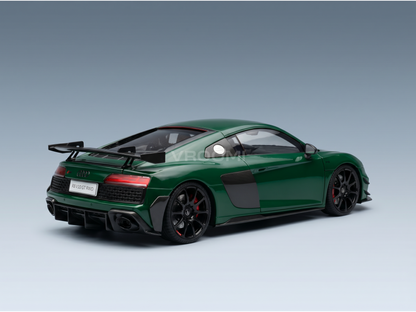 Green Audi R8 V10 GT RWD scale model car from Vroomi, featuring black rims and carbon details