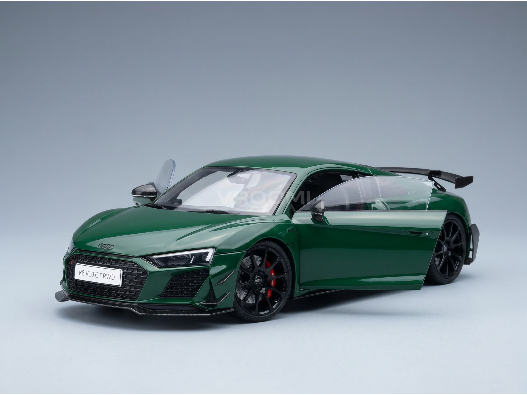 Green Audi R8 V10 GT RWD scale model car from Vroomi, featuring sleek design and black rims