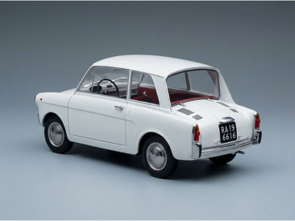 Coche de juguete clásico a escala, de color blanco con interior rojo; vista trasera detallada, de Vroomi