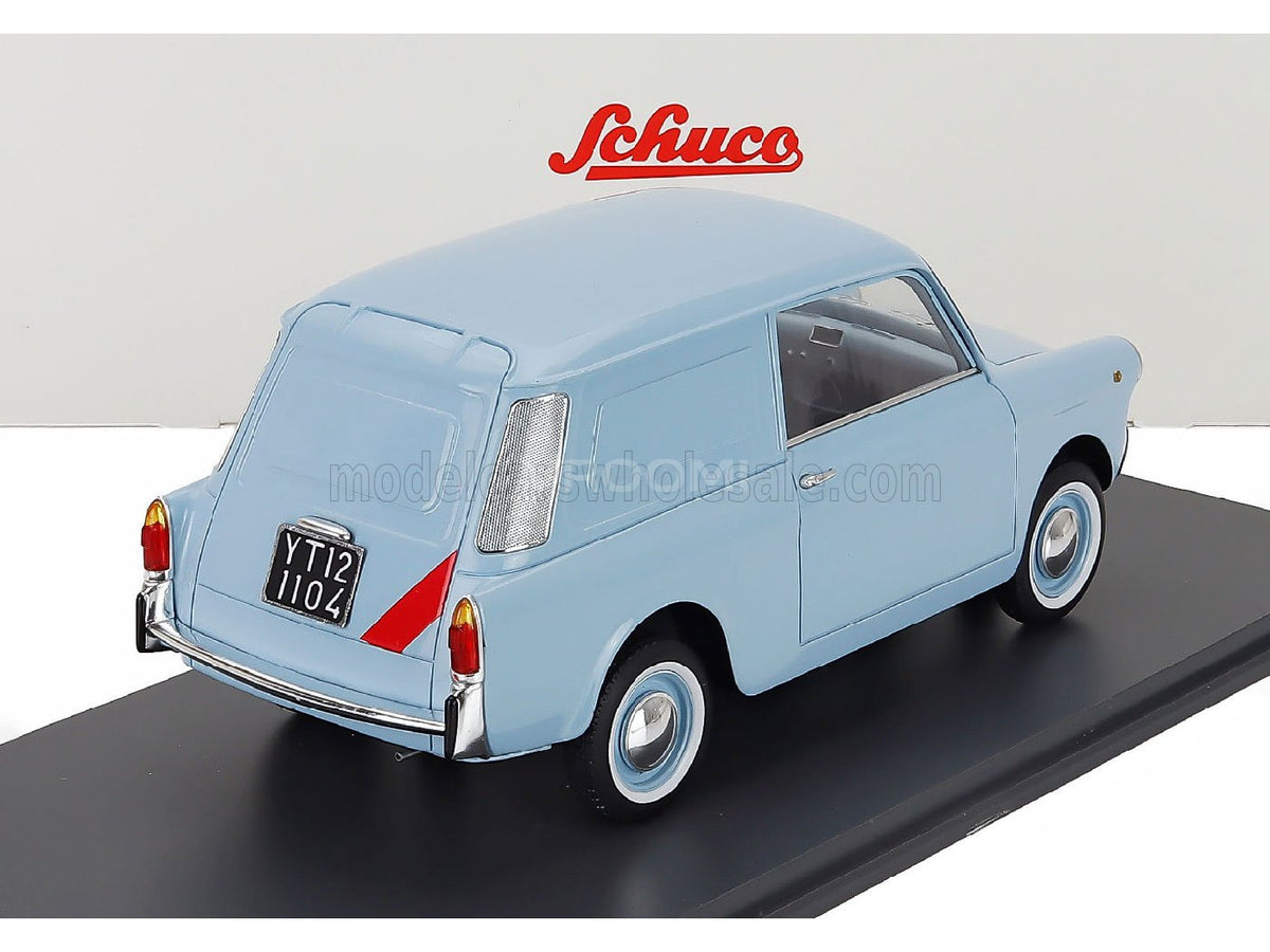Light blue Schuco scale model car, detailed rear view, showcased at Vroomi for collectors.