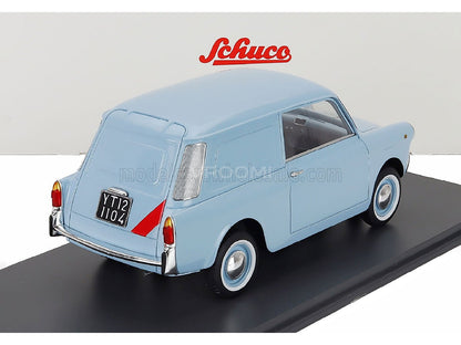 Light blue Schuco scale model car, detailed rear view, showcased at Vroomi for collectors.