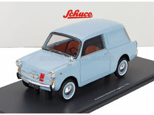 Light blue Autobianchi Bianchina Furgoncino 1965 scale model car by Schuco, displayed on black base — Vroomi