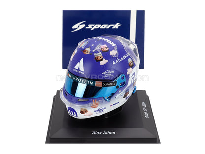 Alex Albon 2025 British GP helmet scale model car by Vroomi, featuring sponsor logos and character decals on blue and white design