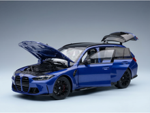 Blue BMW M3 Touring scale model car with open hood and trunk, showcased by Vroomi for collectors.