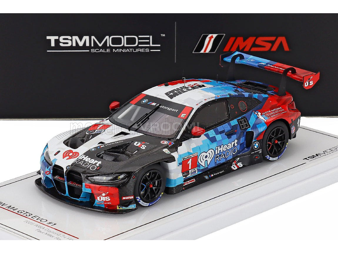 BMW M4 GT3 EVO #1 scale model car by TSM Model, featuring iHeart Radio livery, displayed at Vroomi