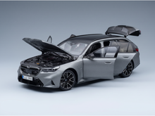 Silver BMW M5 Touring scale model car with open doors, hood, and trunk — Vroomi collector replica