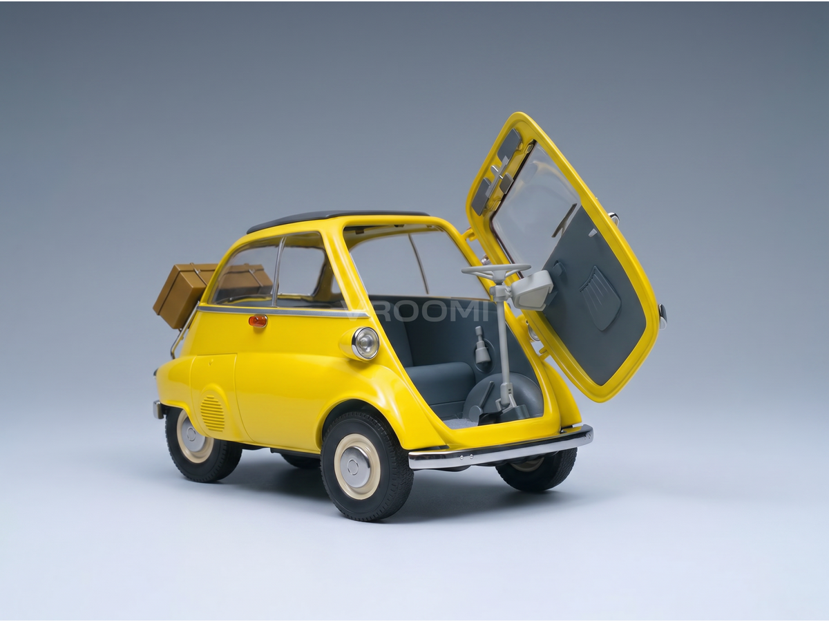 Gelbes Oldtimer-Modellauto mit geöffneter Tür, präsentiert von Vroomi für Sammler