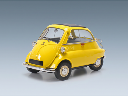 Gelbes BMW Isetta-Modellauto von Vroomi, Nachbau des klassischen Kleinstwagens mit schwarzem Dach und Chromdetails