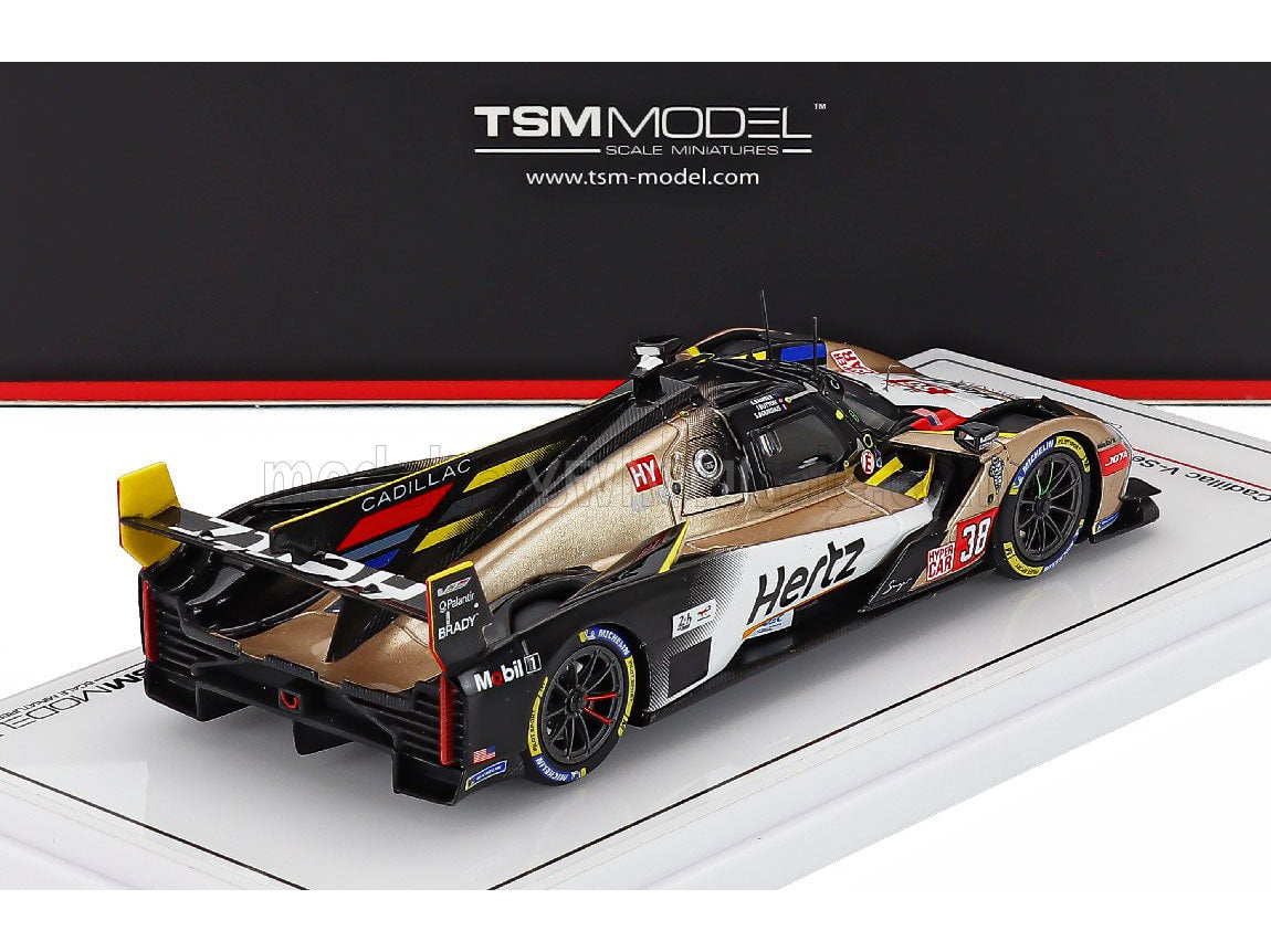 TSM Model 1/18 scale model car of Cadillac V-Series.R race car, featuring Hertz livery, displayed at Vroomi