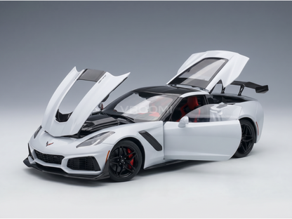 White Corvette ZR1 scale model car with open doors and hood, detailed interior, from Vroomi