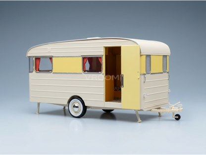 Cream and yellow vintage trailer scale model car with open door, detailed interior, at Vroomi