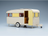 Cream and yellow vintage trailer scale model car with open door, detailed interior, at Vroomi