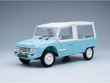 Light blue and white Citroën Mehari scale model car from Vroomi, detailed die-cast replica with classic design
