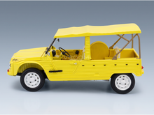 Geel Citroën Méhari Plage-schaalmodel van Vroomi, met open dak en witte wielen