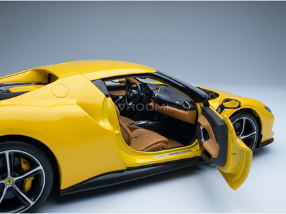 Geel Ferrari-schaalmodel met open deuren en gedetailleerd interieur, van Vroomi