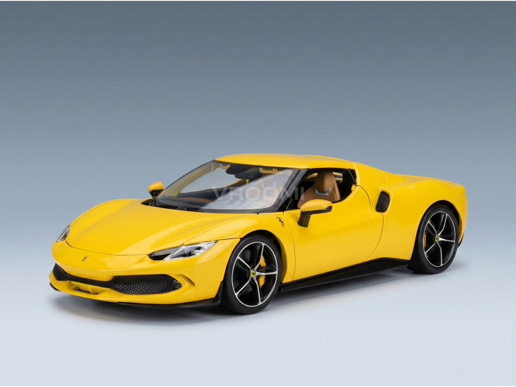 Geel Ferrari-schaalmodel van Vroomi, met een strak ontwerp en gedetailleerd vakmanschap.