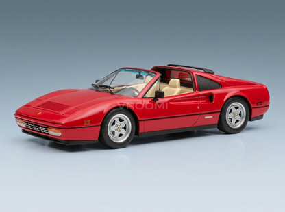 Rotes Ferrari 308 GTS-Modellauto mit hellbrauner Innenausstattung, präsentiert von Vroomi für Sammler