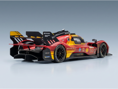 Maqueta a escala de un Ferrari 50 de carreras en colores rojo y amarillo, de la marca Vroomi, con detalles aerodinámicos y pegatinas de patrocinadores.