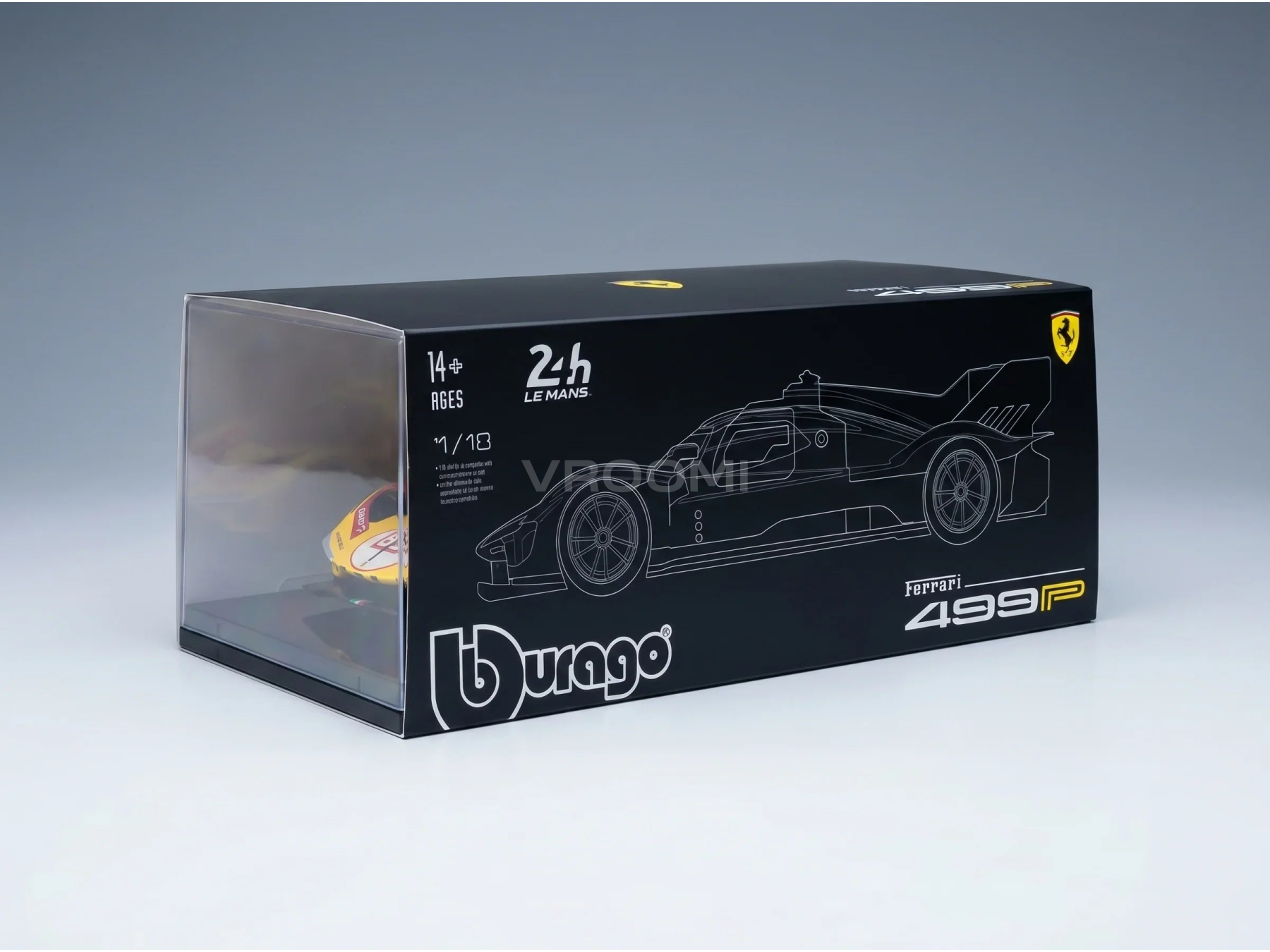 Modèle réduit de voiture Ferrari 499P à l'échelle 1/18 dans un emballage Durago, destiné aux collectionneurs de Vroomi