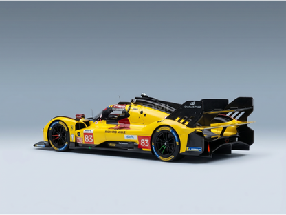 Maquette de voiture Ferrari jaune à l'échelle 1/83, aux couleurs de Richard Mille, présentée chez Vroomi pour les collectionneurs.