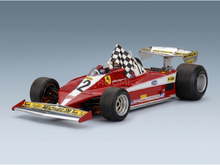 Red Ferrari F1 scale model car with checkered flag, detailed sponsor decals, from Vroomi collection