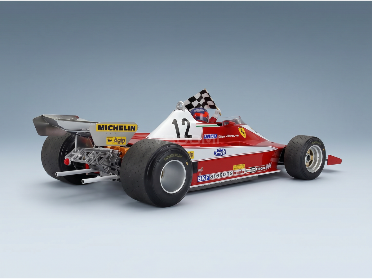 Rotes und weißes Ferrari-F1-Modellauto mit Zielflagge und detaillierten Sponsorenlogos von Vroomi