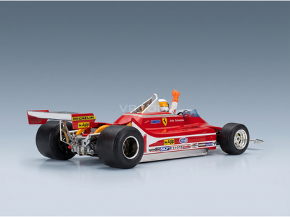 Maquette de voiture de F1 Ferrari rouge aux couleurs de Jody Scheckter, avec châssis détaillé, chez Vroomi