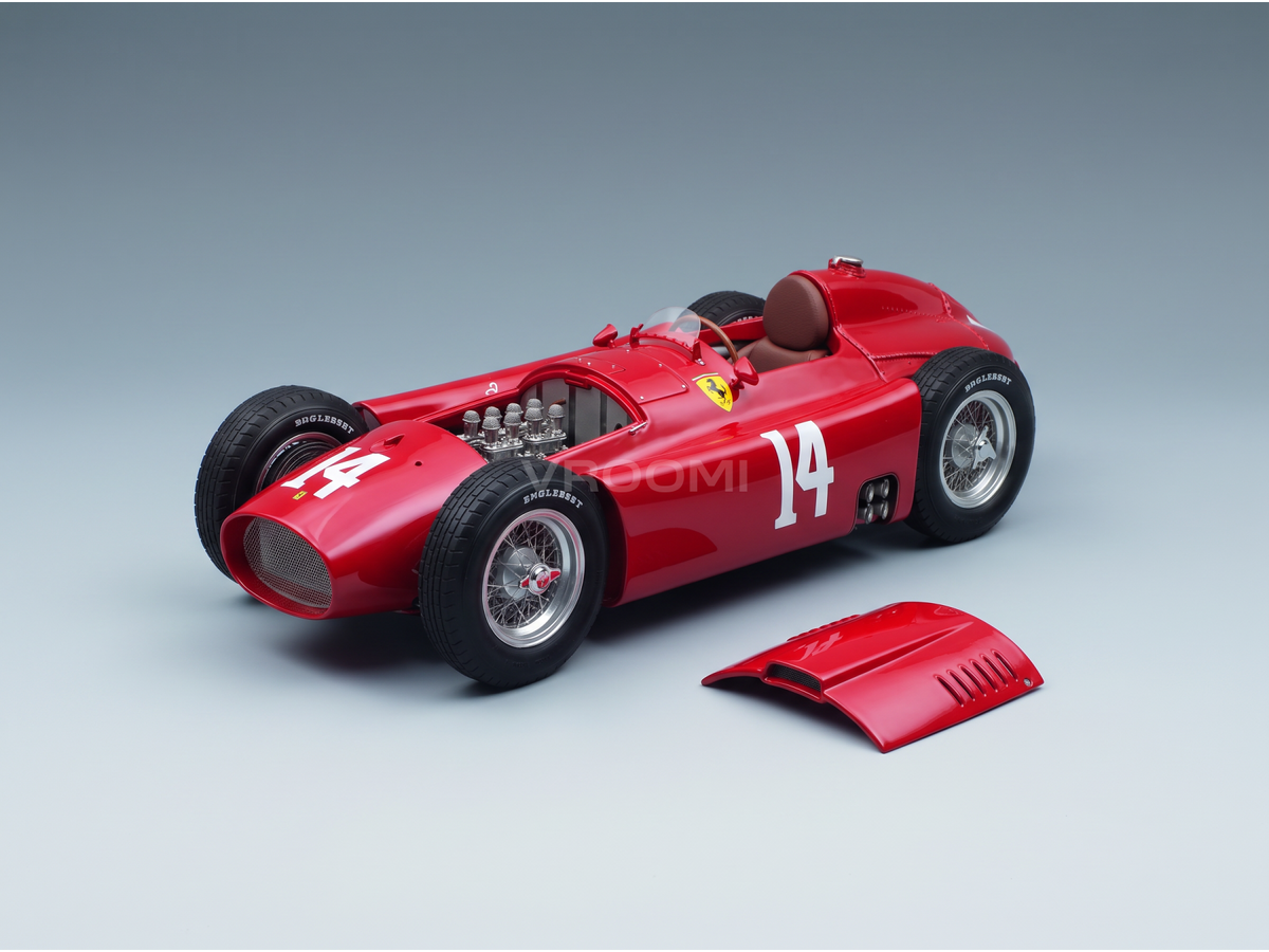 Red Ferrari 14 scale model car with open hood, detailed engine, and Vroomi branding